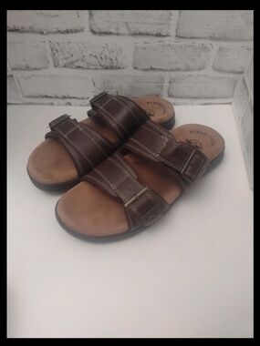 Dockers Mens Deiray Slide Sandals Size 10M Brown Leather Memory Foam Slip On